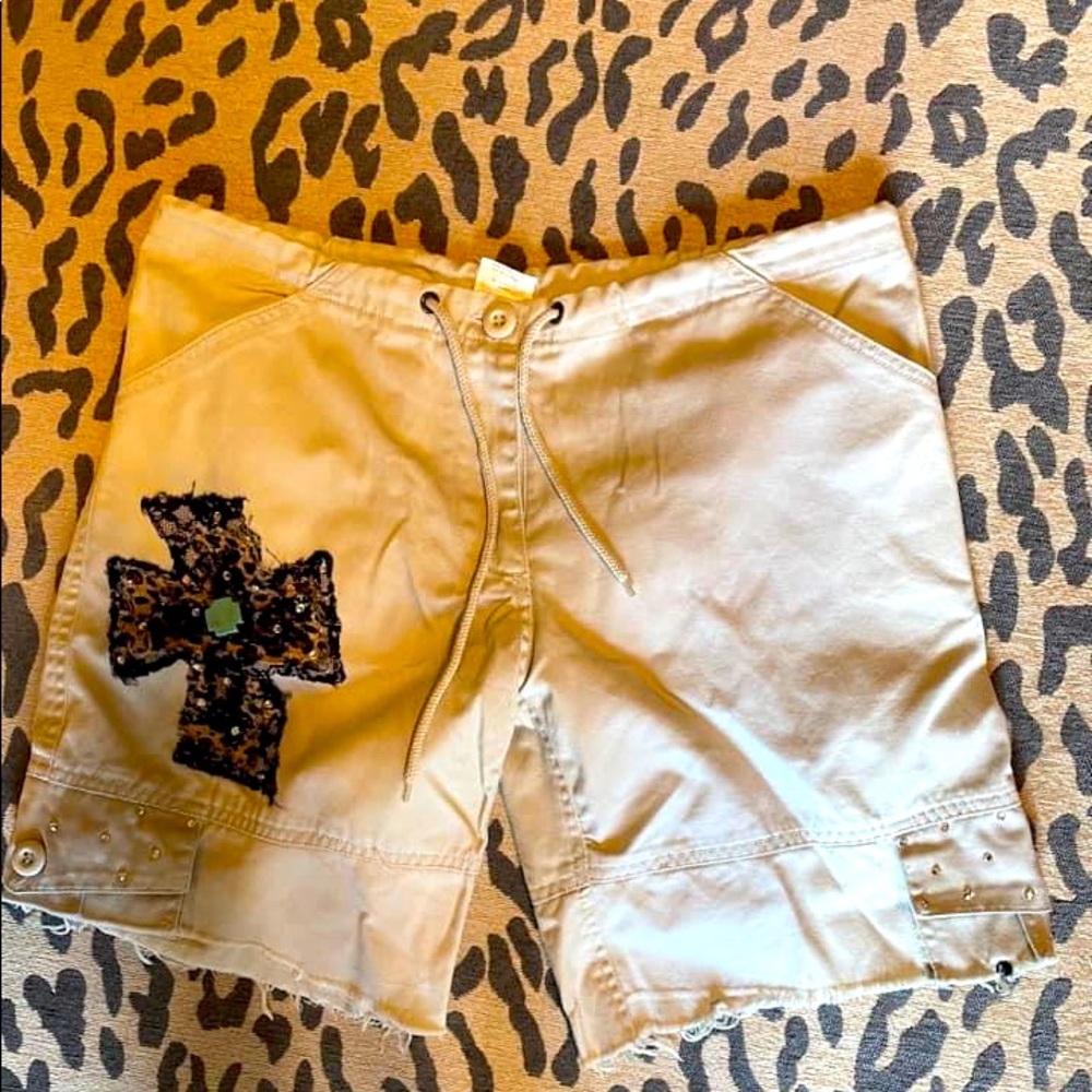 custom made shorts frayed hem with cross and turquoise chunk detail size large